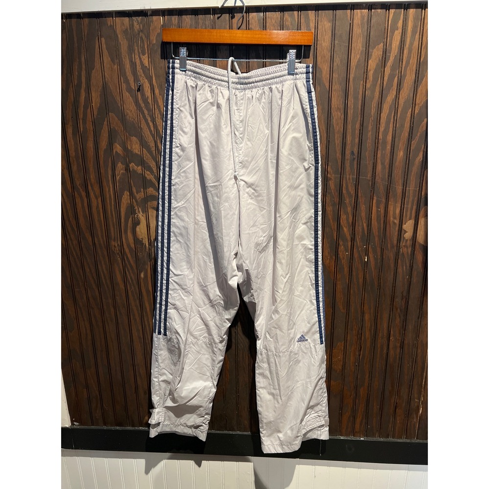 Adidas Gray Nylon Windbreaker Track Pants Navy Blue 3-Stripe Relaxed Fit Mens S